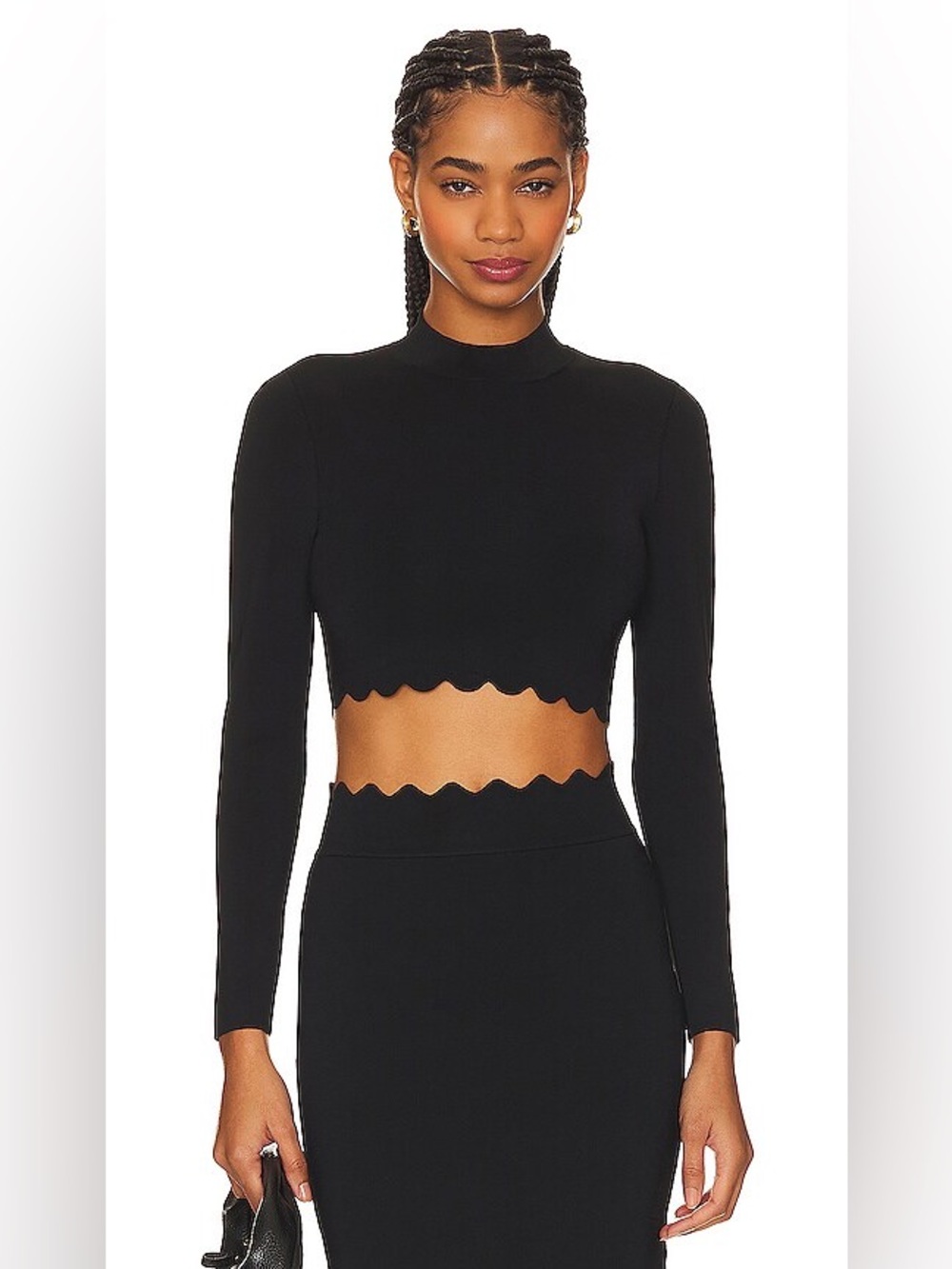 A.L.C. Bea Scalloped Knit Black Contemporary Clean Girl Minimalist Crop Top Sz M